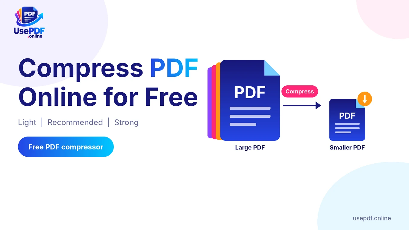 Compress PDF online for free with UsePDF.online: a large PDF shrinking into a smaller PDF